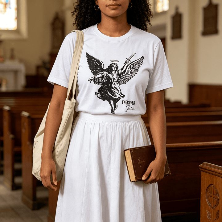 Christianartworkshop T-shirt a maniche corte premium "Giosuè guerriero angelo" con incisione - image 0