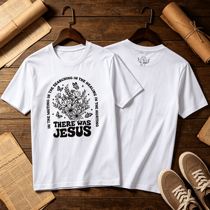 Christianartworkshop T-shirt a maniche corte premium con stampa floreale e farfalle "There Was Jesus" - image 0
