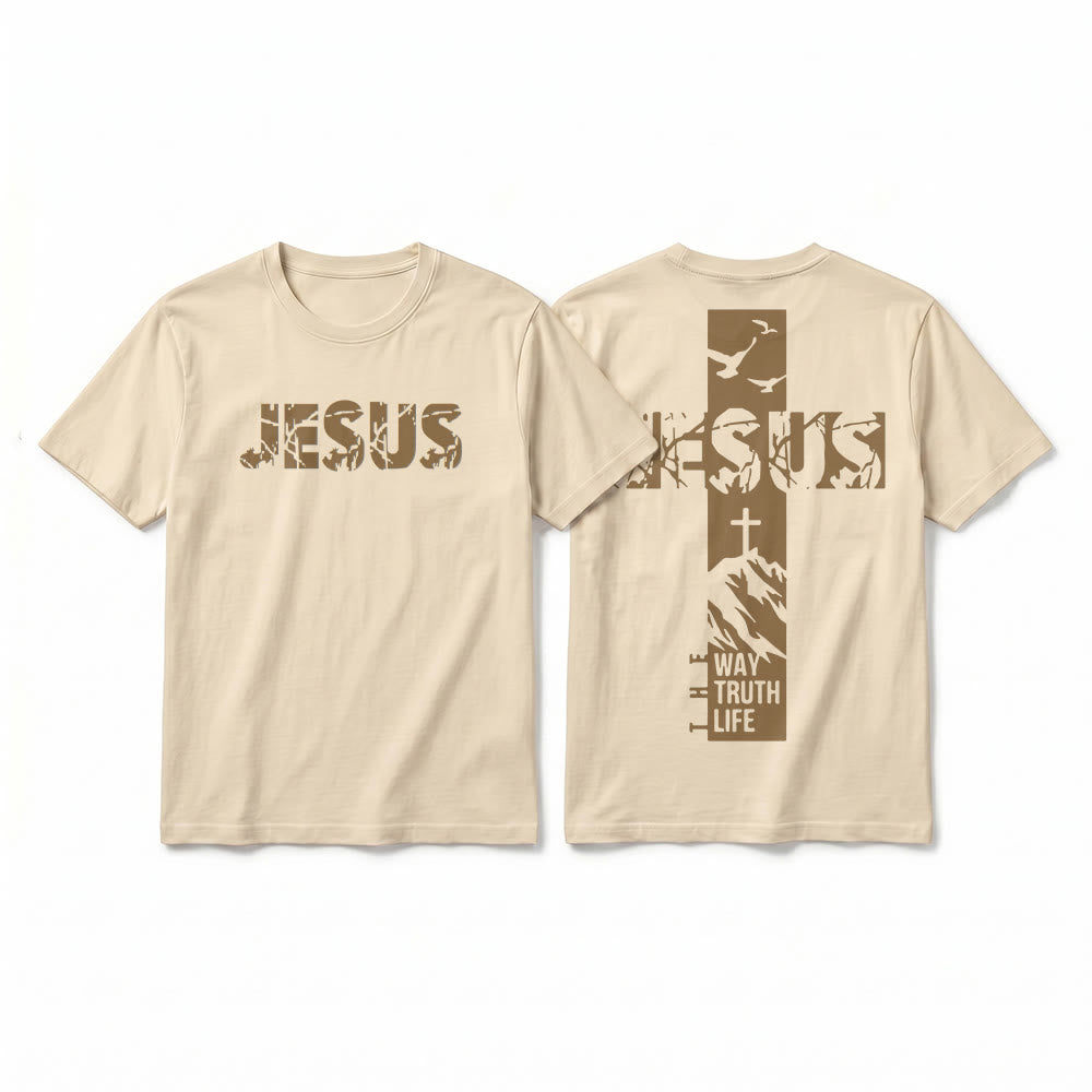 Christianartworkshop T-shirt a maniche corte premium con croce di montagna "JESUS". - Beige - 2XL - image 1