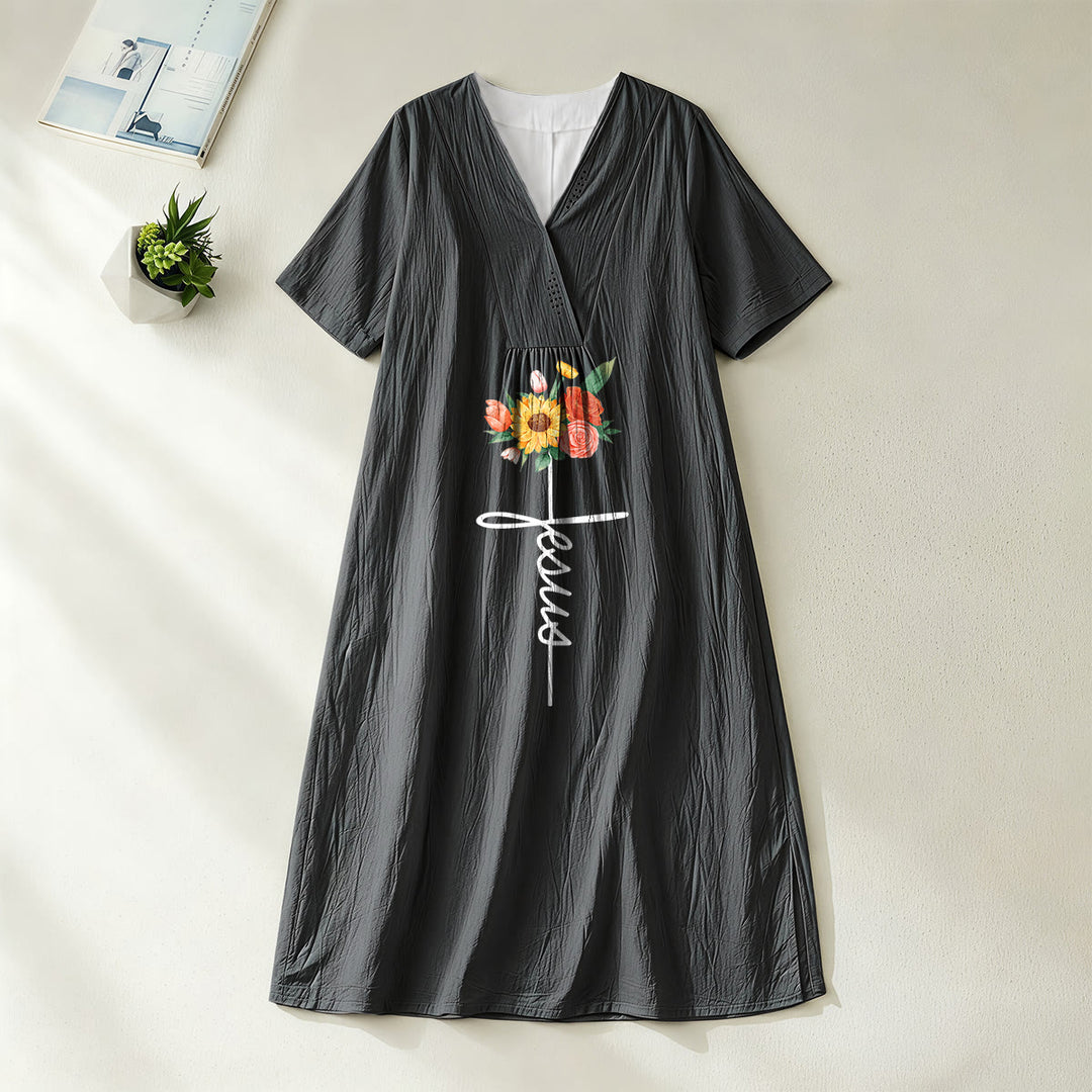 Abito midi a maniche corte con scollo a V, croce con scritta di Gesù e girasoli , Christianartworkshop - Nero - 4XL - image 0