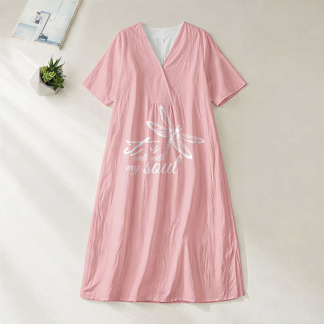 Abito midi a maniche corte con scollo a V e stampa libellula, ideale per l'estate sulla spiaggia, con versetti biblici e libellula, Christianartworkshop. - Rosa - 4XL - image 8