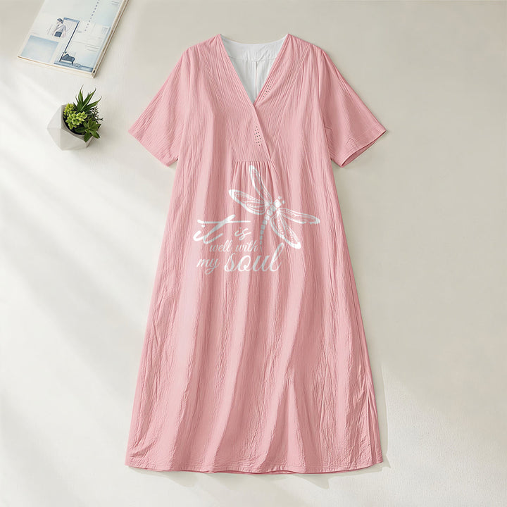 Abito midi a maniche corte con scollo a V e stampa libellula, ideale per l'estate sulla spiaggia, con versetti biblici e libellula, Christianartworkshop. - Rosa - 4XL - image 8