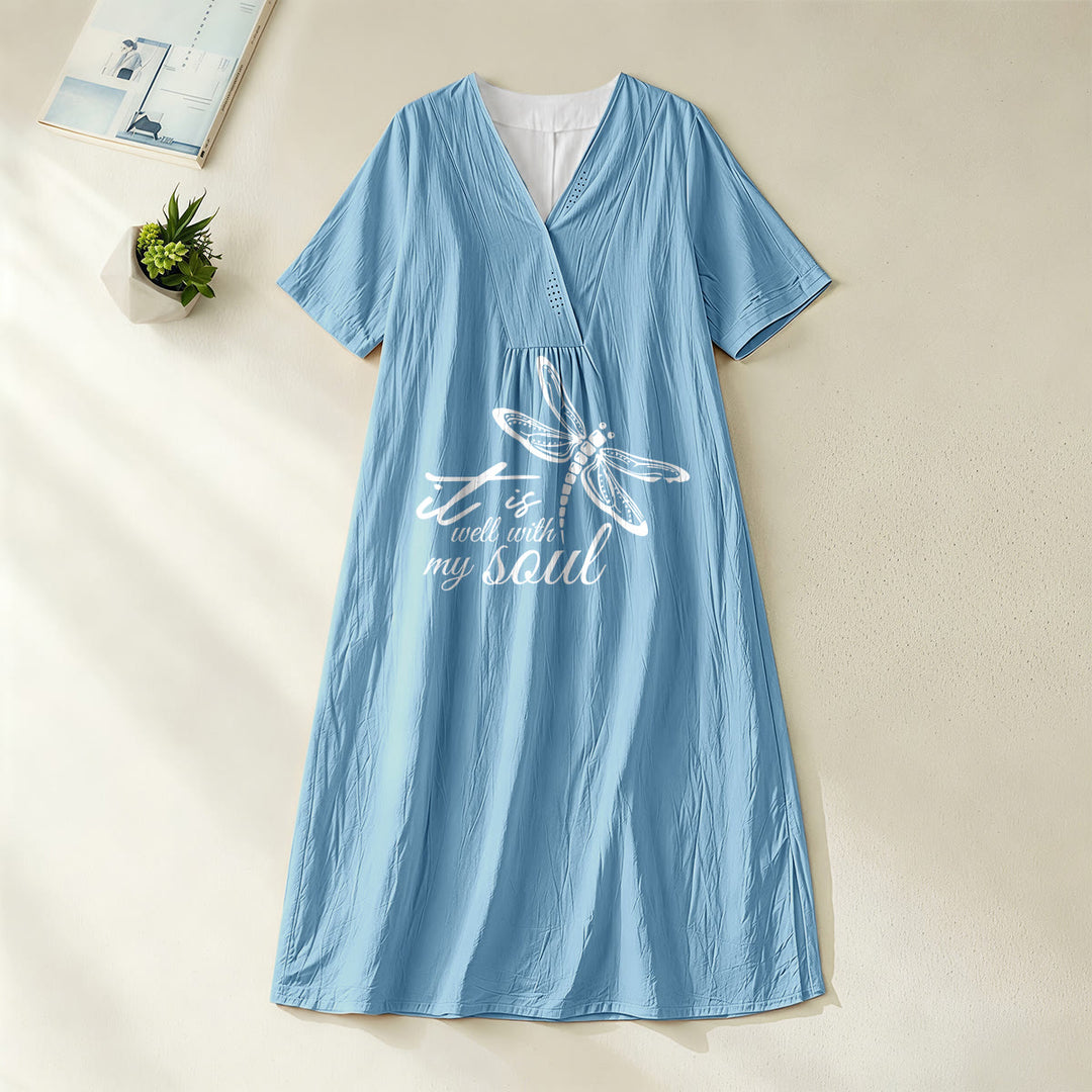 Abito midi a maniche corte con scollo a V e stampa libellula, ideale per l'estate sulla spiaggia, con versetti biblici e libellula, Christianartworkshop. - Blu - 4XL - image 4