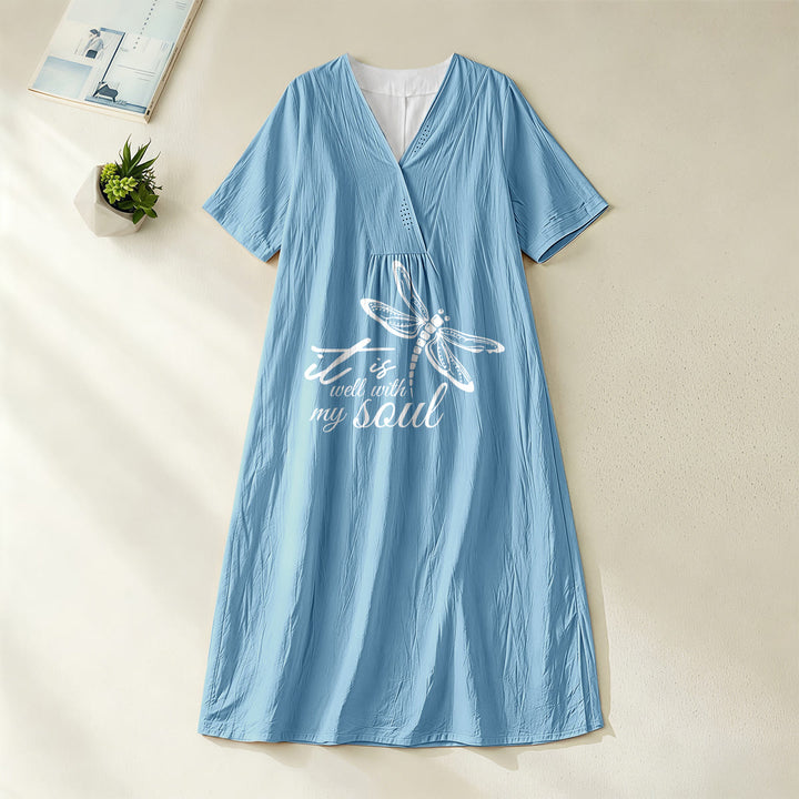 Abito midi a maniche corte con scollo a V e stampa libellula, ideale per l'estate sulla spiaggia, con versetti biblici e libellula, Christianartworkshop. - Blu - 4XL - image 4