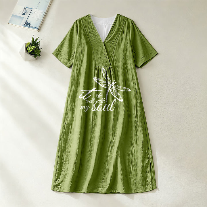 Abito midi a maniche corte con scollo a V e stampa libellula, ideale per l'estate sulla spiaggia, con versetti biblici e libellula, Christianartworkshop. - Verde oliva - 4XL - image 10
