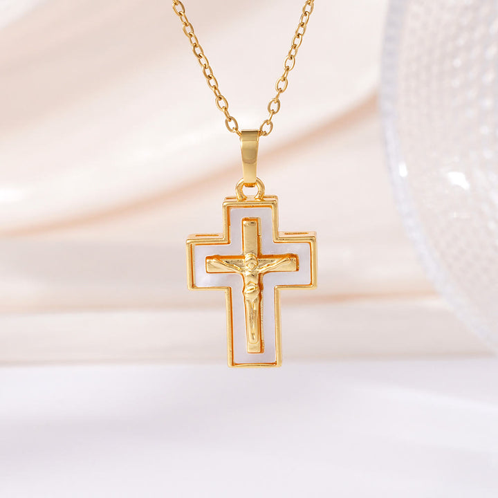 Christianartworkshop Collana con ciondolo a croce e crocifisso sovrapposti: simbolo di redenzione e grazia eterna - D'oro - image 3
