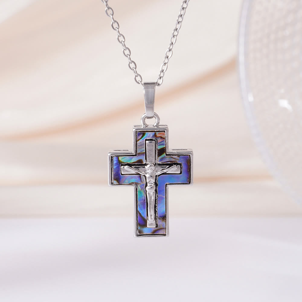 Christianartworkshop Collana con ciondolo a croce e crocifisso sovrapposti: simbolo di redenzione e grazia eterna - Blu - image 1