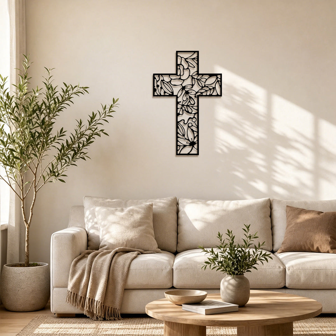 Christianartworkshop Decorazione da parete in metallo a forma di croce cava con motivi floreali: emblema di speranza e grazia eterne. - image 1