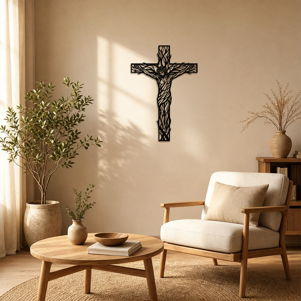 Christianartworkshop Crocifisso in metallo intrecciato con viticci, decorazione da parete: emblema di redenzione e vita eterna. - image 1