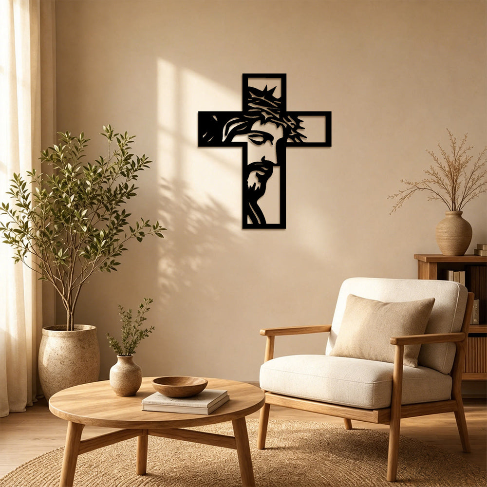 Christianartworkshop Decorazione murale in metallo a forma di croce di Gesù in corona di spine: emblema di sacrificio e misericordia. - image 1