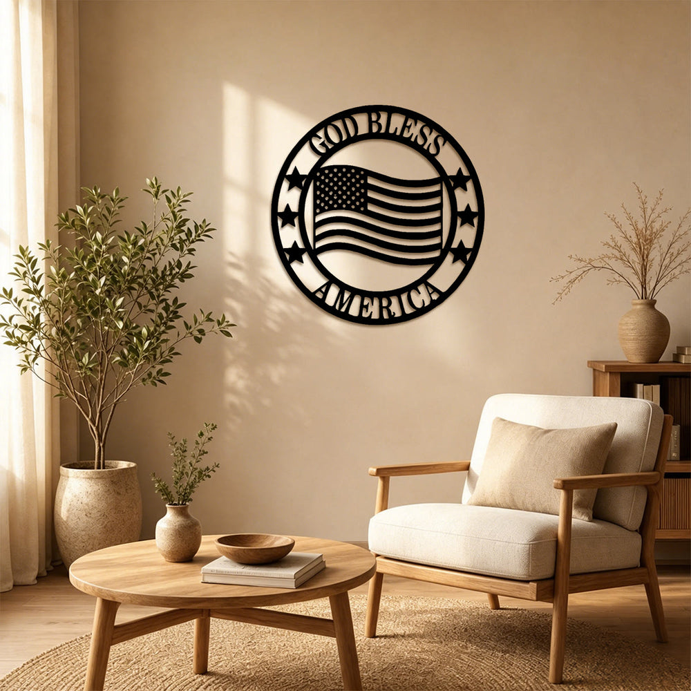 Christianartworkshop Decorazione murale circolare in metallo con la bandiera "God Bless America": emblema di benedizione e orgoglio nazionale. - image 1