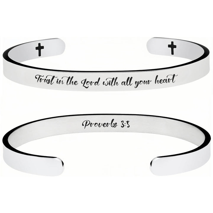 Christianartworkshop Bracciale aperto in acciaio inossidabile con versetti biblici incisi e piccole croci: simbolo di fede incrollabile. - Proverbi 3:5 - image 6