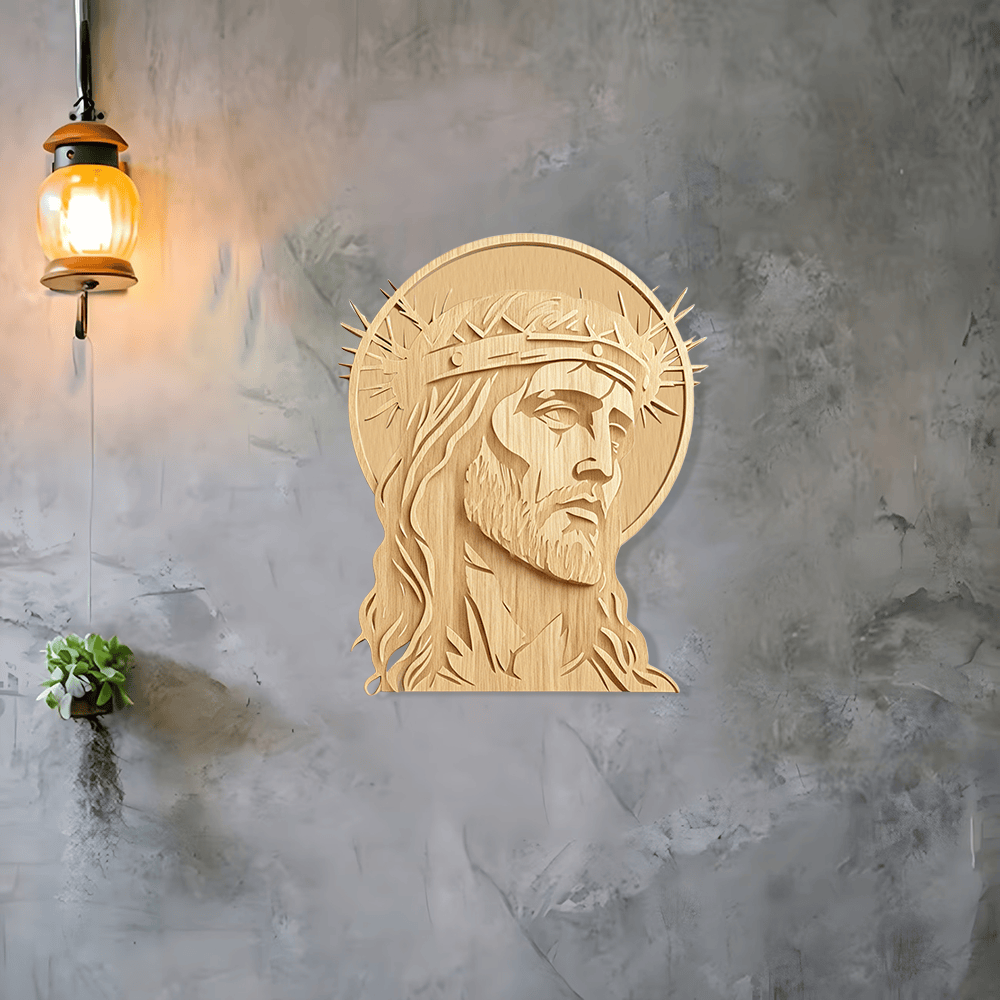Christianartworkshop Targa murale in legno con corona di spine e volto sacro: emblema di misericordia e sacrificio - image 2