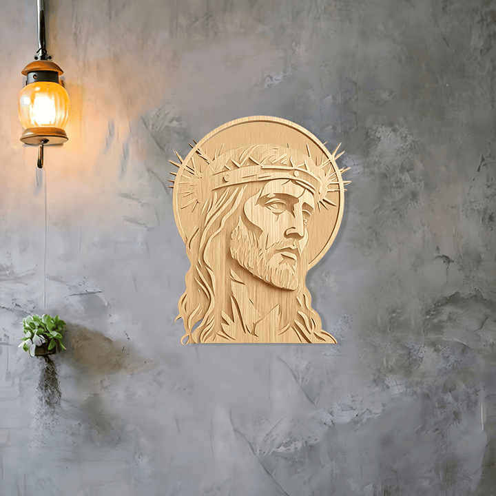 Christianartworkshop Targa murale in legno con corona di spine e volto sacro: emblema di misericordia e sacrificio - image 2
