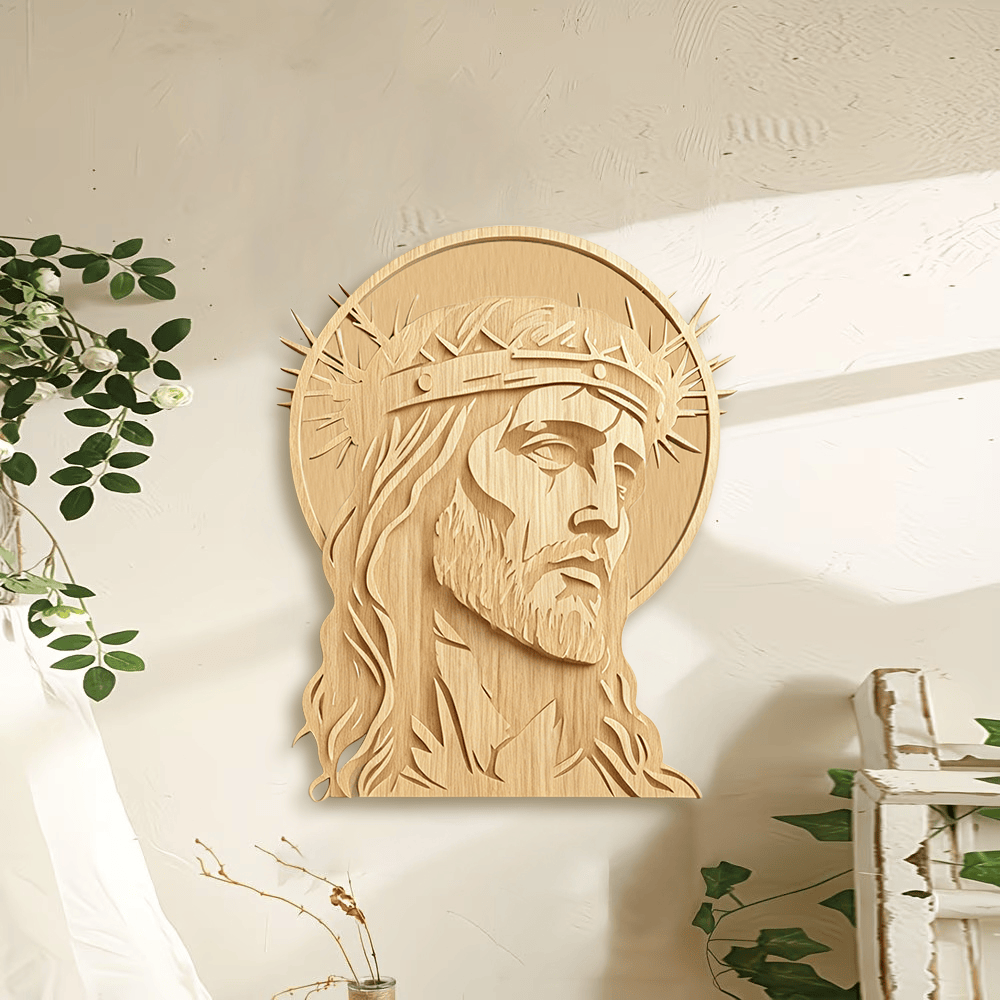 Christianartworkshop Targa murale in legno con corona di spine e volto sacro: emblema di misericordia e sacrificio - image 0