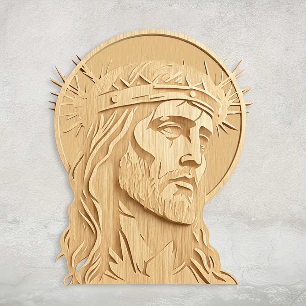 Christianartworkshop Targa murale in legno con corona di spine e volto sacro: emblema di misericordia e sacrificio - image 3