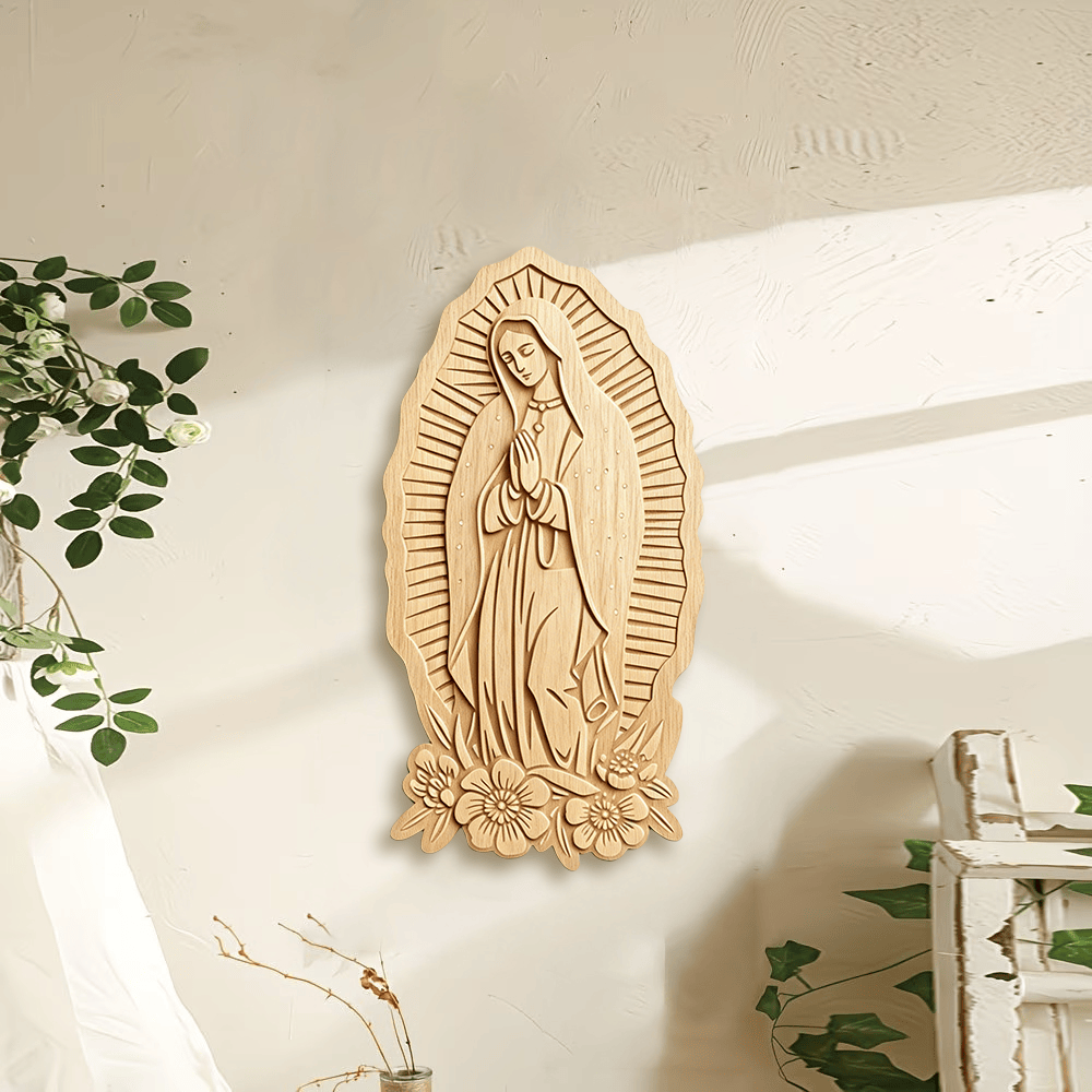 Christianartworkshop Targa da parete in legno "Aureola Radiosa" della Madonna di Guadalupe: Emblema di dolce protezione - image 0
