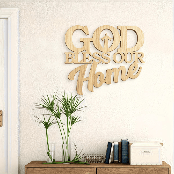 Christianartworkshop Silhouette Intarsiata God Bless Our Home Wooden Wall Sign: Emblema di benedizione familiare - image 1