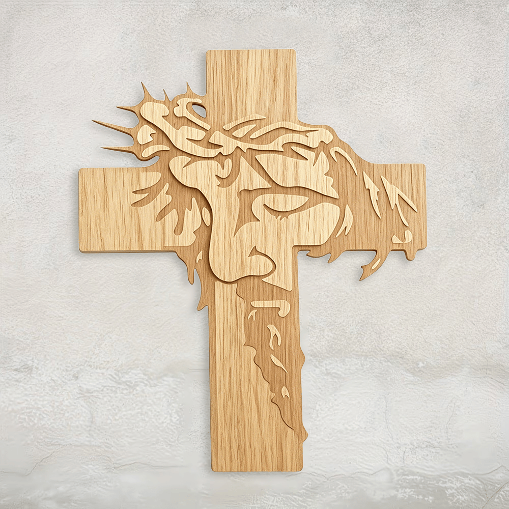Christianartworkshop Targa murale in legno con croce di spine e volto santo a occhi chiusi in posizione meditativa: emblema della misericordia. - image 0