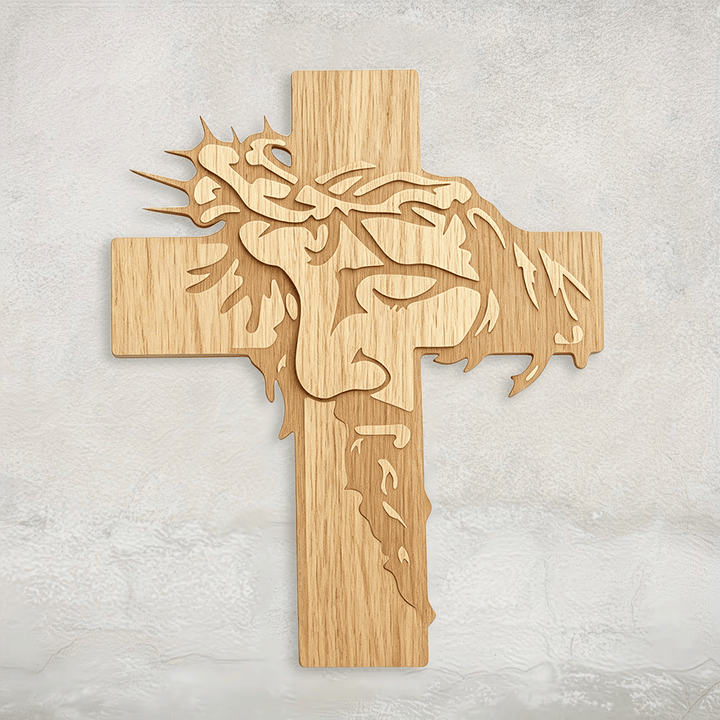 Christianartworkshop Targa murale in legno con croce di spine e volto santo a occhi chiusi in posizione meditativa: emblema della misericordia. - image 0