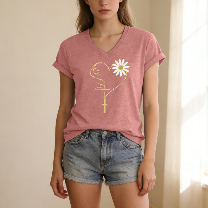 Christianartworkshop T-shirt casual con scollo a V, cuore, croce e margherita con pois dorati. - image 15