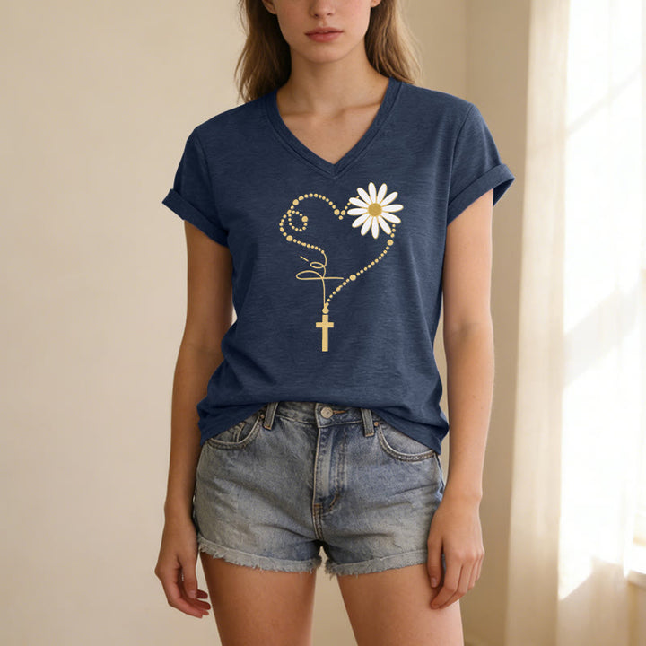 Christianartworkshop T-shirt casual con scollo a V, cuore, croce e margherita con pois dorati. - image 21