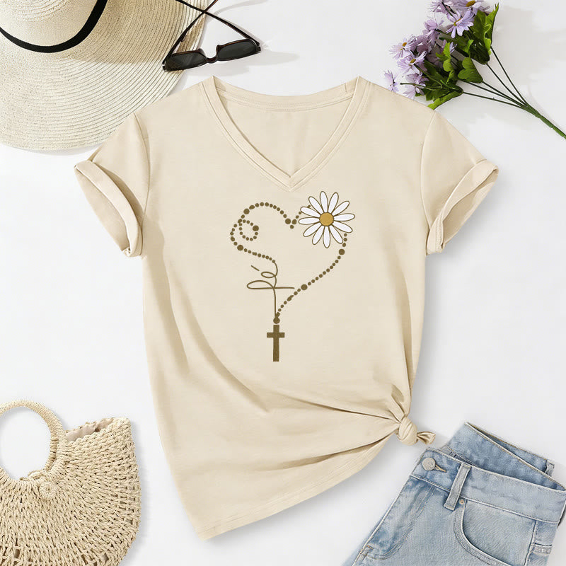 Christianartworkshop T-shirt casual con scollo a V, cuore, croce e margherita con pois dorati. - Beige - 2XL - image 4
