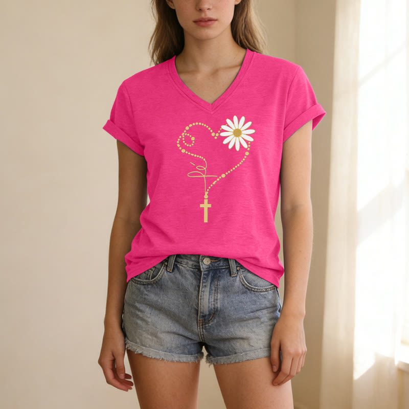 Christianartworkshop T-shirt casual con scollo a V, cuore, croce e margherita con pois dorati. - image 25
