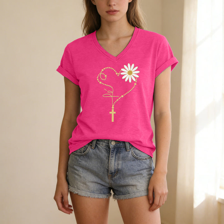 Christianartworkshop T-shirt casual con scollo a V, cuore, croce e margherita con pois dorati. - image 25