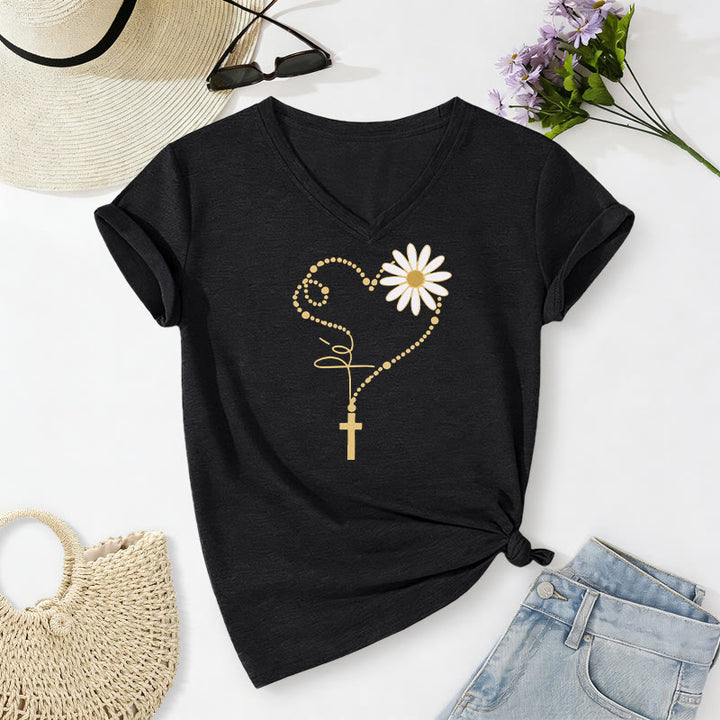 Christianartworkshop T-shirt casual con scollo a V, cuore, croce e margherita con pois dorati. - Nero - 2XL - image 2