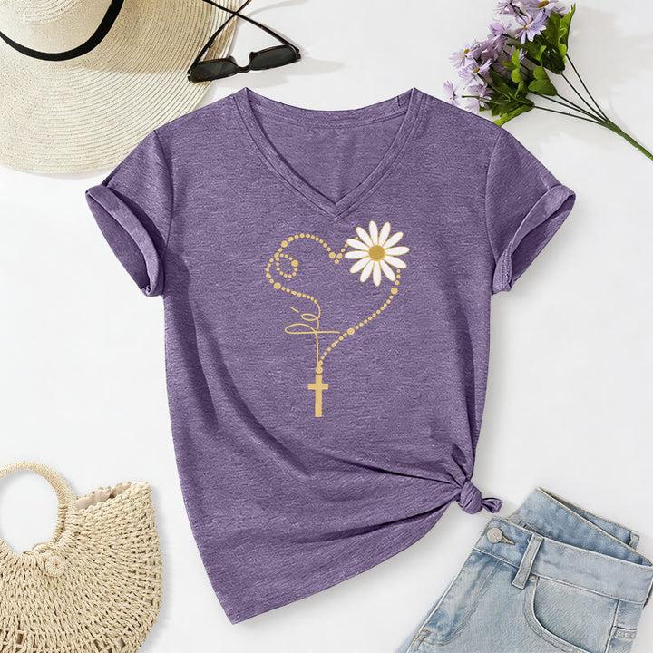 Christianartworkshop T-shirt casual con scollo a V, cuore, croce e margherita con pois dorati. - Viola - 2XL - image 18
