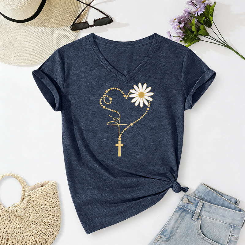 Christianartworkshop T-shirt casual con scollo a V, cuore, croce e margherita con pois dorati. - Blu navy - 2XL - image 20