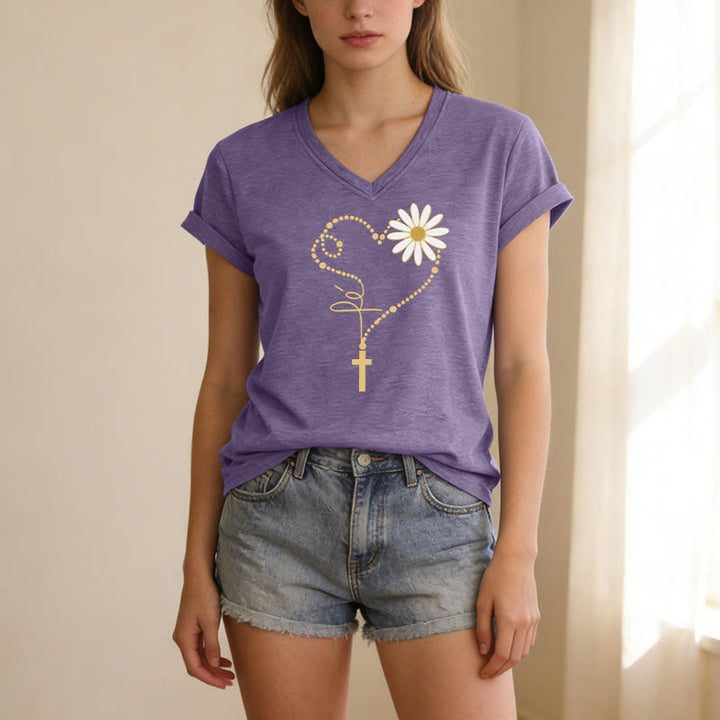 Christianartworkshop T-shirt casual con scollo a V, cuore, croce e margherita con pois dorati. - image 19