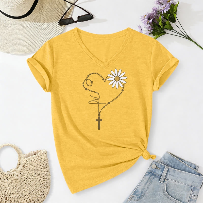 Christianartworkshop T-shirt casual con scollo a V, cuore, croce e margherita con pois dorati. - Giallo - 2XL - image 6