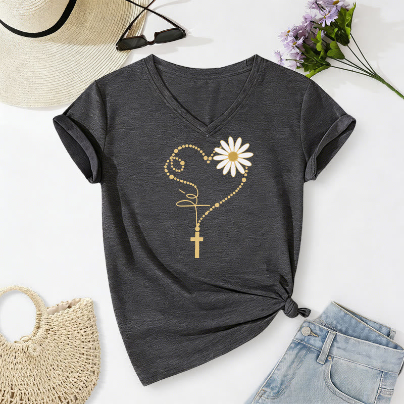 Christianartworkshop T-shirt casual con scollo a V, cuore, croce e margherita con pois dorati. - Grigio scuro - 2XL - image 0