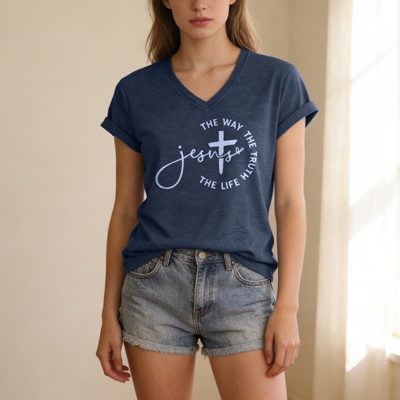 Christianartworkshop Gesù La Via La Verità La Vita Cerchio Croce T-shirt casual con scollo a V - image 21