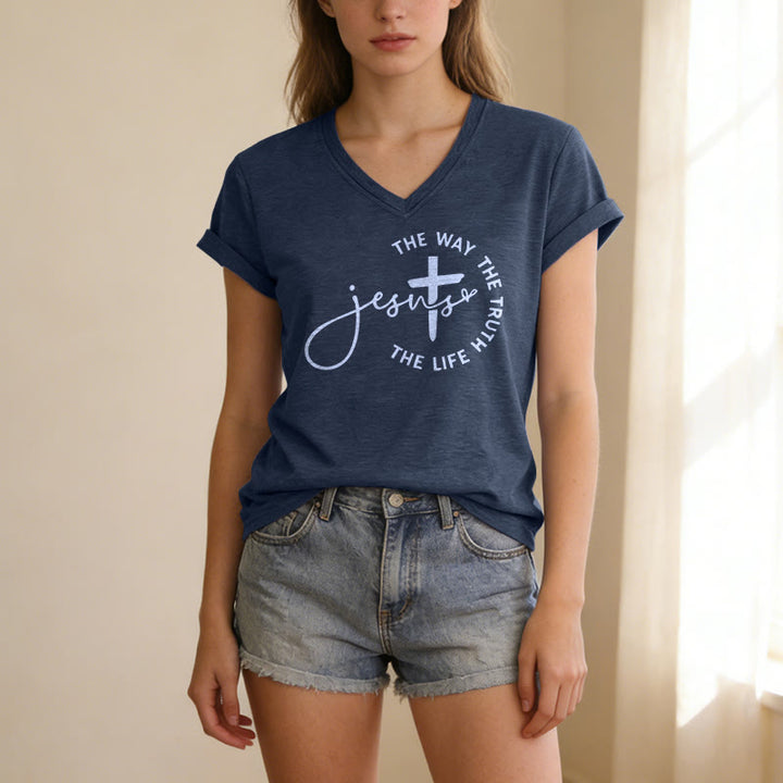 Christianartworkshop Gesù La Via La Verità La Vita Cerchio Croce T-shirt casual con scollo a V - image 21