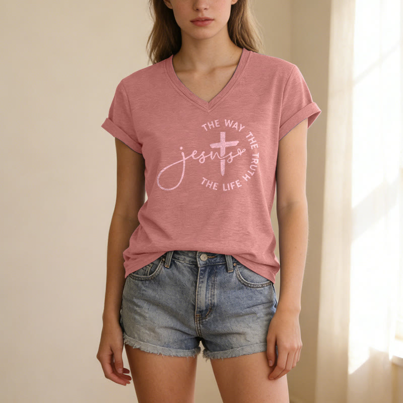 Christianartworkshop Gesù La Via La Verità La Vita Cerchio Croce T-shirt casual con scollo a V - image 5