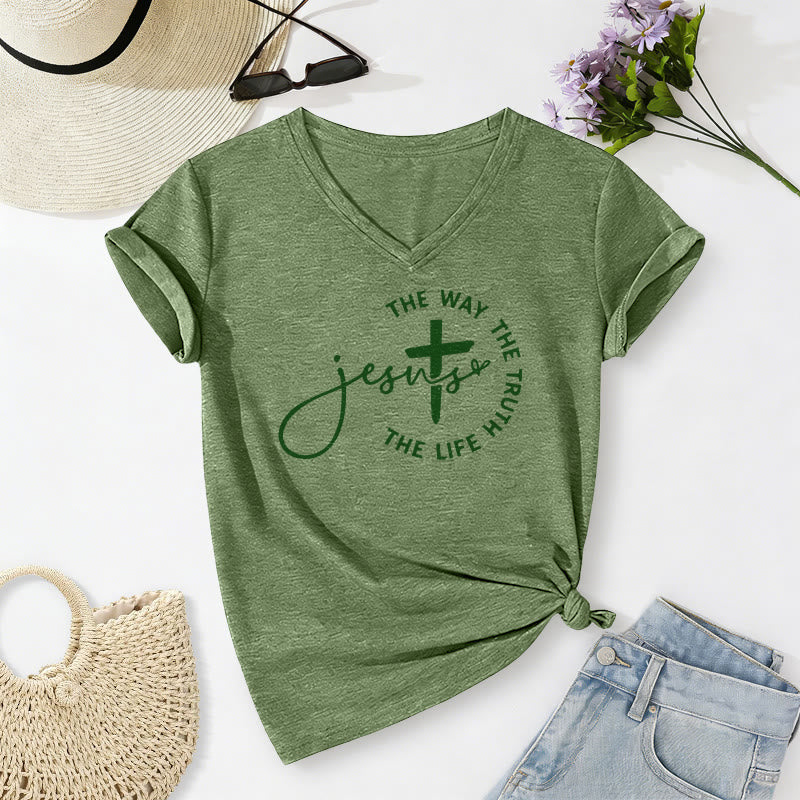 Christianartworkshop Gesù La Via La Verità La Vita Cerchio Croce T-shirt casual con scollo a V - Verde oliva - 2XL - image 10