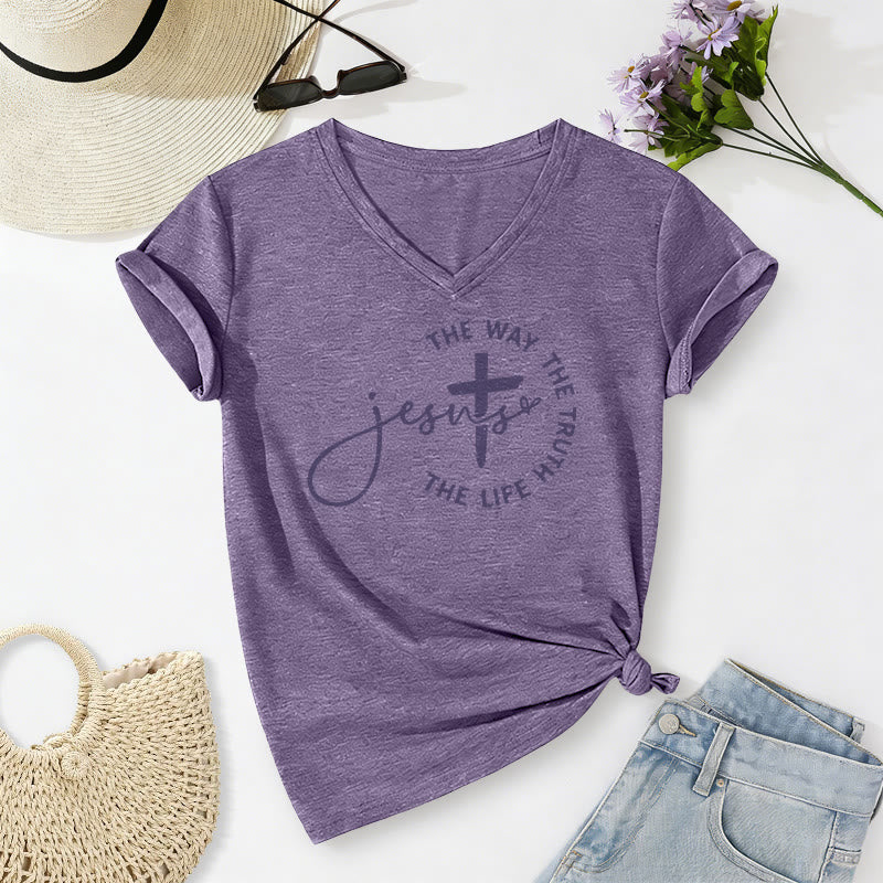 Christianartworkshop Gesù La Via La Verità La Vita Cerchio Croce T-shirt casual con scollo a V - Viola - 2XL - image 18