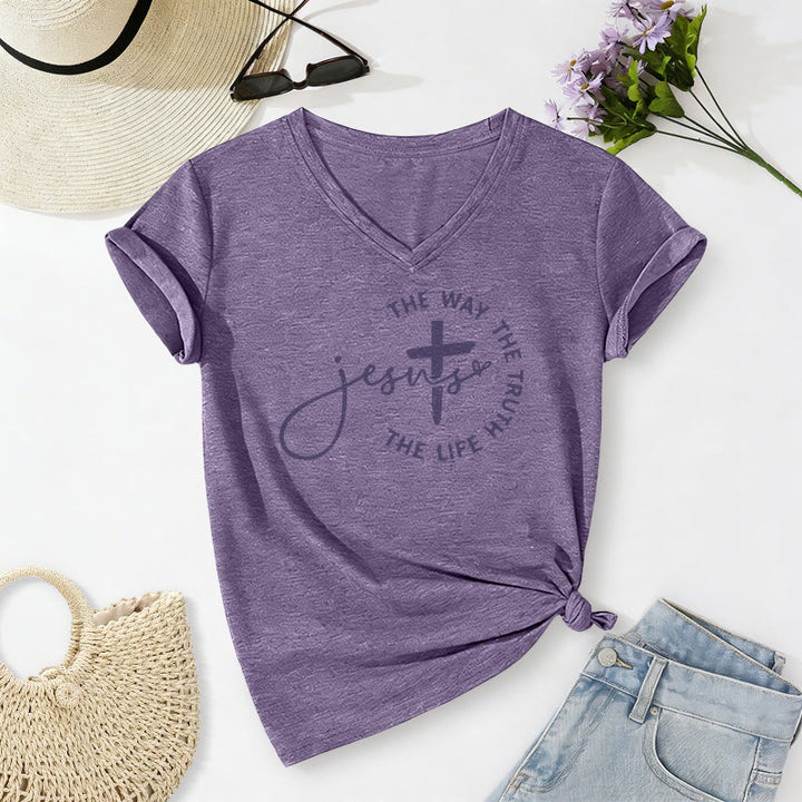 Christianartworkshop Gesù La Via La Verità La Vita Cerchio Croce T-shirt casual con scollo a V - Viola - 2XL - image 18