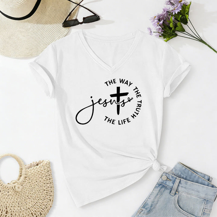 Christianartworkshop Gesù La Via La Verità La Vita Cerchio Croce T-shirt casual con scollo a V - Bianco - 2XL - image 12