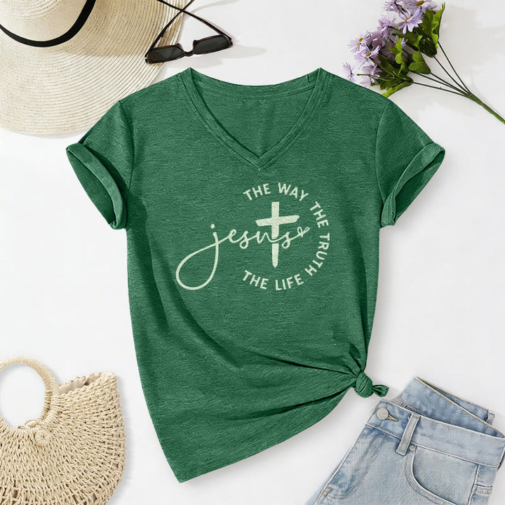 Christianartworkshop Gesù La Via La Verità La Vita Cerchio Croce T-shirt casual con scollo a V - Verde scuro - 2XL - image 16