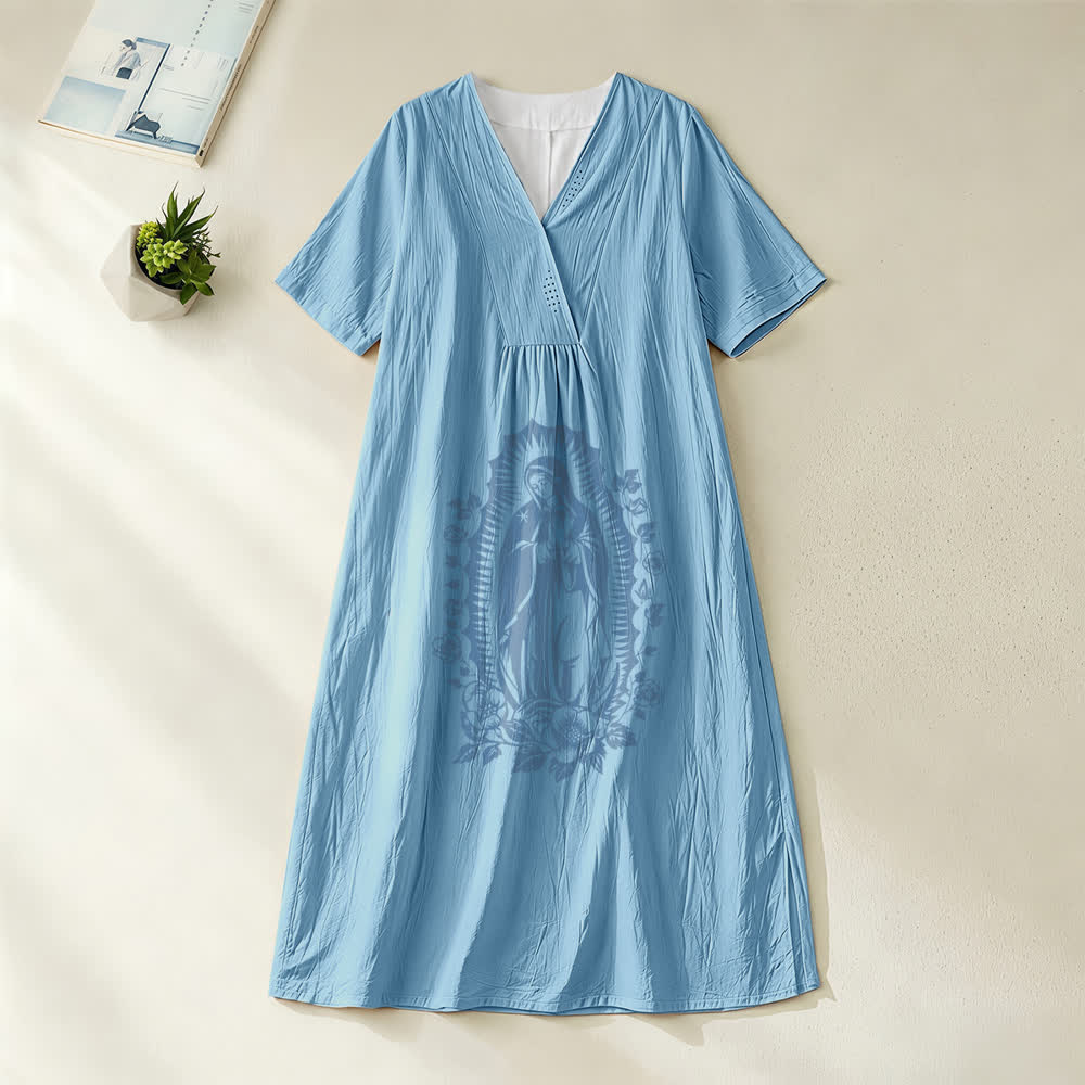 Abito midi a maniche corte con scollo a V e silhouette della Madonna di Guadalupe , Christianartworkshop - Blu - 4XL - image 1