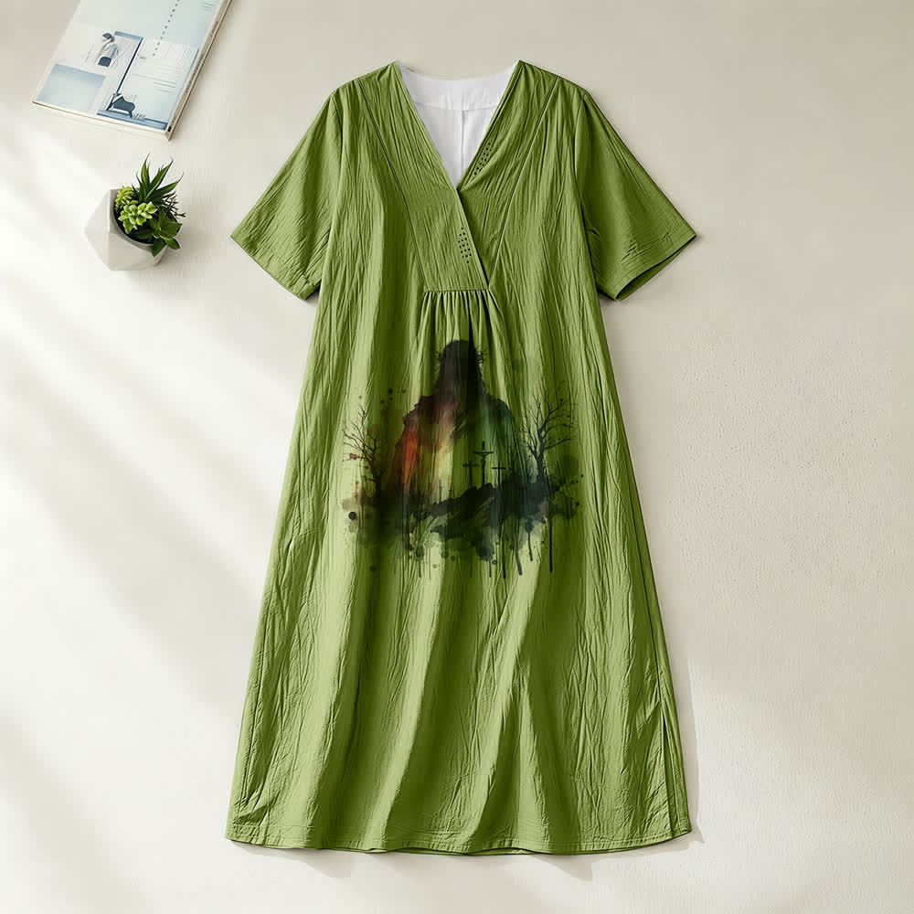 Christianartworkshop - Abito midi a maniche corte con scollo a V e silhouette di Gesù ad acquerello, arte religiosa - Verde oliva - 4XL - image 10