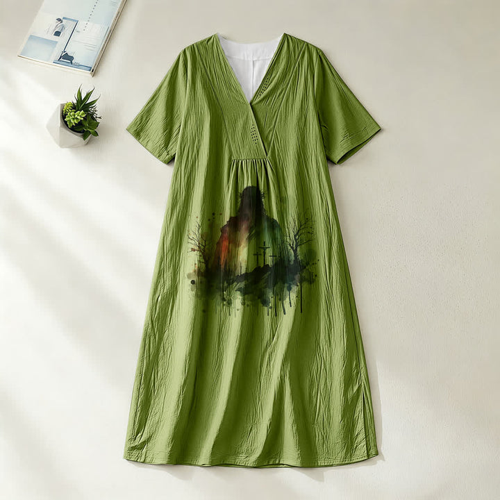 Christianartworkshop - Abito midi a maniche corte con scollo a V e silhouette di Gesù ad acquerello, arte religiosa - Verde oliva - 4XL - image 10