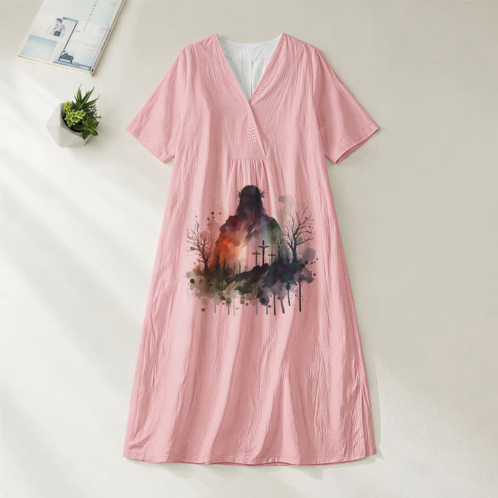 Christianartworkshop - Abito midi a maniche corte con scollo a V e silhouette di Gesù ad acquerello, arte religiosa - Rosa - 4XL - image 8