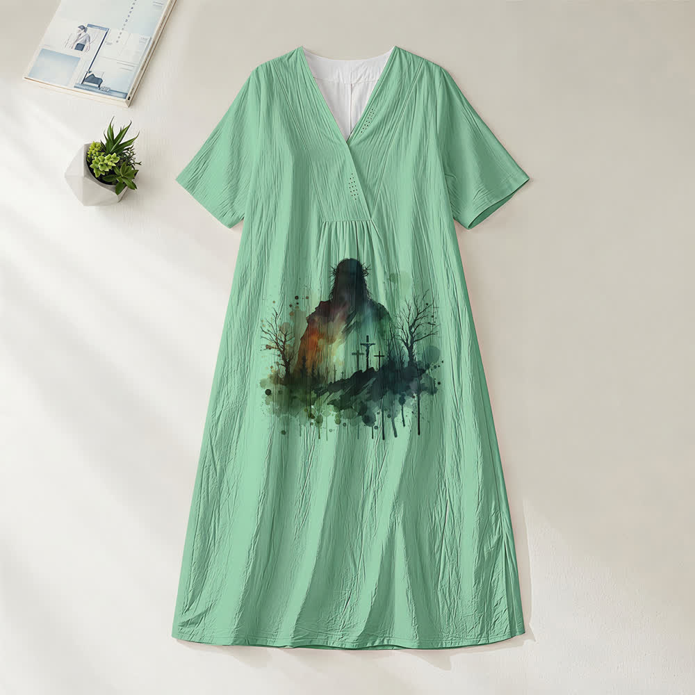 Christianartworkshop - Abito midi a maniche corte con scollo a V e silhouette di Gesù ad acquerello, arte religiosa - Verde - 4XL - image 4