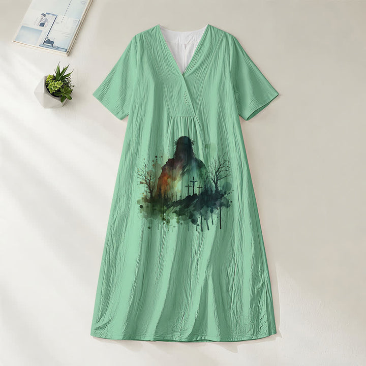 Christianartworkshop - Abito midi a maniche corte con scollo a V e silhouette di Gesù ad acquerello, arte religiosa - Verde - 4XL - image 4