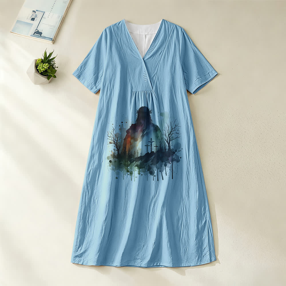 Christianartworkshop - Abito midi a maniche corte con scollo a V e silhouette di Gesù ad acquerello, arte religiosa - Blu - 4XL - image 0
